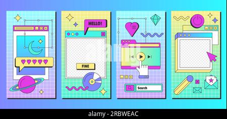 Retro linear vaporwave post and banners template in y2k style. Set of vintage social media ig posts and stories with aesthetic user interface elements. Old computer windows vector flat illustration. Stock Vector