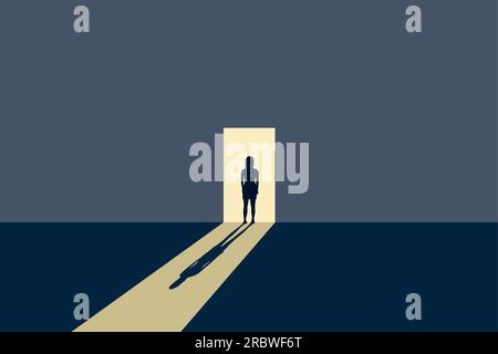 lonely girl stands in front of an open door in shining light Stock Vector