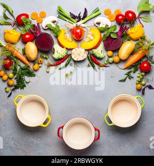 Concept of cooking healthy eating. Still life with fresh vegetables and mini pots for cooking. Top view. Stock Photo