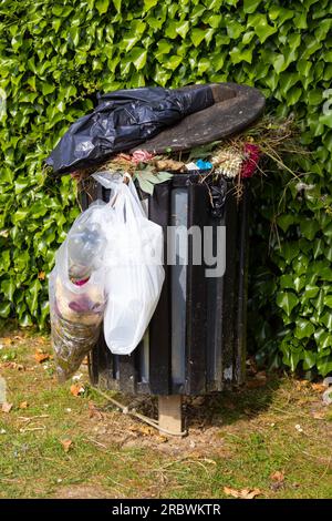 Overflowing outdoor trash bin with garbage bags, surrounded by green hedge, uk Stock Photo