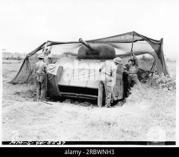 A dummy tank designed by the British during World War One. This tank was made of rubber and could be inflated when needed. It was a decoy used to confuse and deceive enemy forces. Image sourced from the collection of Photographs of American Military Activities during World War One. Stock Photo