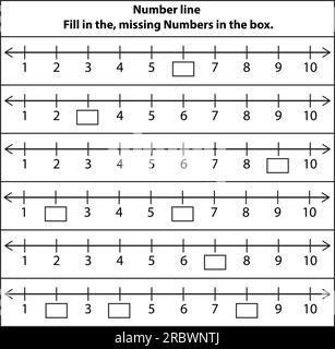 Number lines 1 to 10 missing numbers.  Fill in the missing positive numbers. Math on white background. Vector graphic illustration. missing number Stock Vector