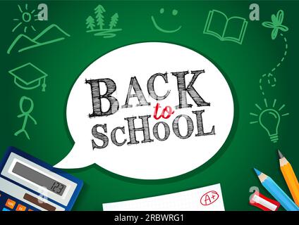 Back to school text chalk drawing in chat bubble on school blackboard with school subjects and student test. Vector illustration banner Stock Vector