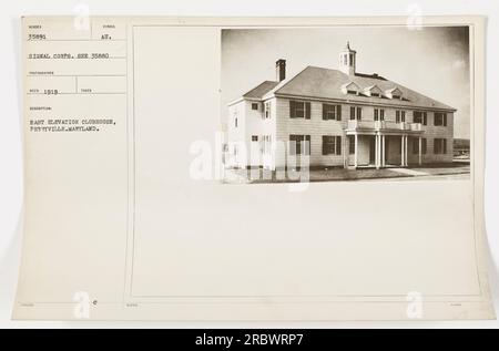 An image of the east elevation of the clubhouse at Perryville, Maryland. This photograph, numbered 35891, is part of the collection of American military activities during World War One. It was taken in 1919 by a Signal Corps photographer. Refer to photograph number 35880 for additional information. Stock Photo