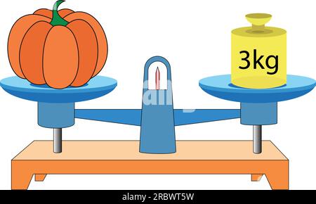 balance Scale. Pumpkin and 3kg. scales in balance, an imbalance of scales. vector illustration. on white background. scale clipart Stock Vector