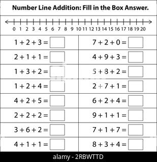 Number line 1 to 20 Addition. Math chart for addition and subtraction operations in school isolated on white background. Vector graphic illustration. Stock Vector