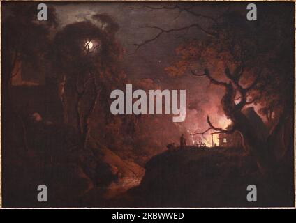 Cottage on Fire at Night by Joseph Wright Stock Photo