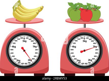 Analog scale Banana and apple. weight scale. isolated on white background. simple kitchen scale. vector illustration. measuring Analog scale clip art. Stock Vector