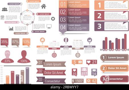 Set of infographic elements - circle diagram, bar graphs, objects with numbers and percents, timeline, buttons, vector eps10 illustration Stock Vector