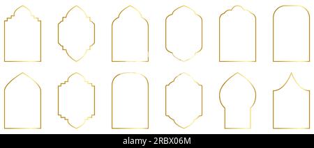Set of golden arabic windows. Oriental style islamic windows and arches. Vector illustration Stock Vector