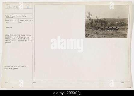 Private Brotherhood of the 6th and 7th U.S. Field Artillery, 1st Division, captured this photograph on January 22, 1919. The image shows the troops on their way to the Rhine, with the ruined town of Montzeville, Meuse, France in the background. The photo was approved by the A.E.P. censor, but the exact date was not specified. Stock Photo