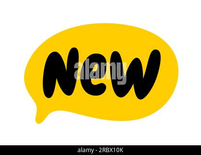 NEW text speech bubble. New word on text box. Vector illustration. Hand drawn quote. New icon lettering. Doodle phrase isolated on white background. G Stock Vector