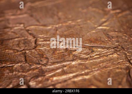 Extreme closeup of crumpled brass foil texture. Selective soft focus, shallow depth of field. Stock Photo