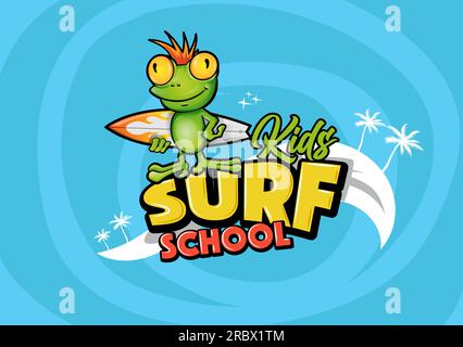 Surf school text with frog cartoon, wear, sports camp, trip, banner, surf station.Vector illustration Stock Vector