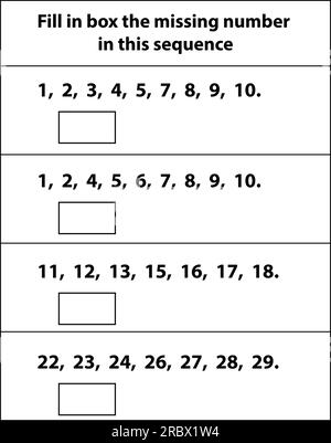 Type the missing number worksheet. missing numbers.  Fill in the box. Math on white background. Vector graphic illustration. basic kid learning. Stock Vector