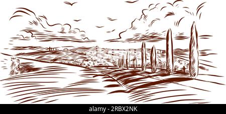 Rural landscape with a farm in engraving style. Hand drawn vector ...