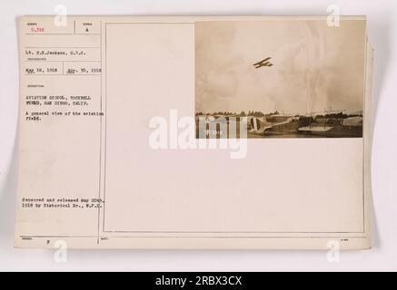 A photograph taken by Lt. E.N. Jackson on May 18, 1918, at the Rockwell Field in San Diego, California. The image shows a general view of the aviation field, where military aircraft are stationed. This photograph was censored and released on May 20th, 1918 by the Historical Branch, War Plans Division. (Caption is 50 words) Stock Photo