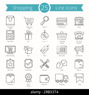 Set of 25 shopping or e-commerce line icons, vector eps10 illustration Stock Vector