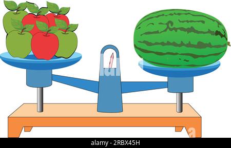 balance Scale Water melon and apple. scales in balance, an imbalance of scales. vector illustration. on white background. Stock Vector