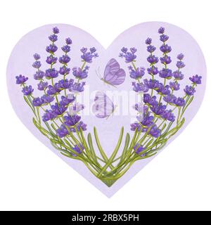 Lavender flowers in heart, butterflies. Floral aquarelle bouquet. Eco natural herbs. Watercolor illustration isolated on white background. For creatin Stock Photo