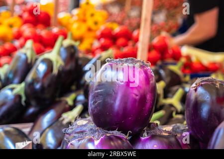 Close-up aubergine on vegetable stall of food market Ballaro in Palermo, Sicily Stock Photo