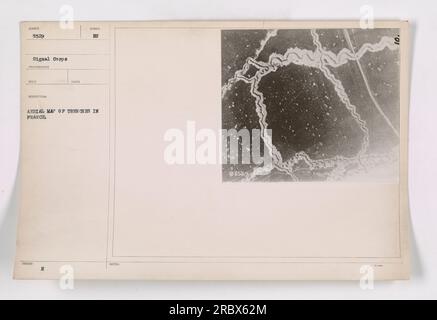 'Aerial photograph showing a map of trenches in France during World War One. The image, captured by photographer Reco, is marked with the letter 'H' and accompanied by the notes 'EU'. This photograph, labeled as 8529, was taken by the Signal Corps.' Stock Photo