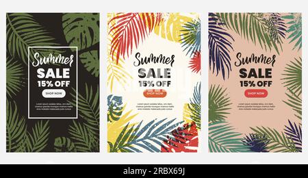 Summer sale discount vertical poster layout set. Watercolor hand drawn tropical palm leaves frame. Banner flyer design template. Vector colorful illus Stock Vector
