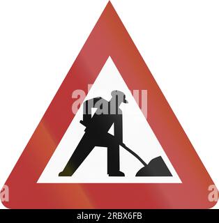 Old design (1956) of a German sign warning about a building site at the road. Stock Photo