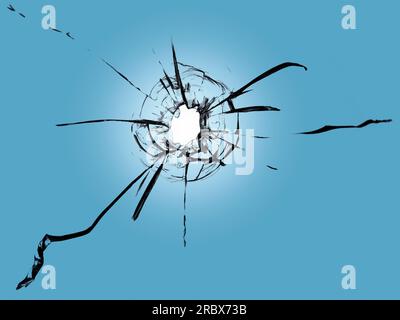 Old broken glass, cracked texture on blue background, shot hole effect Stock Photo