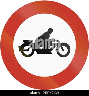 Old design (1937) of German sign prohibiting thoroughfare for motorcycles. Stock Photo
