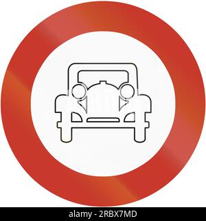 Old design (1937) of German sign prohibiting thoroughfare for all motor vehicles (except motorcycles). Stock Photo