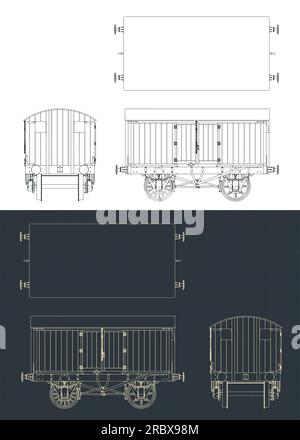 Stylized vector illustrations of blueprints of goods retro wagon Stock Vector