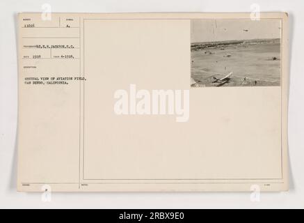 General view of the aviation field at the Naval Air Station in San Diego, California in 1918. The photograph was taken by E.N. Jackson and is numbered 11016. It provides an overview of the airfield, showing various aircraft and facilities. The image was captured in April 1918. Stock Photo