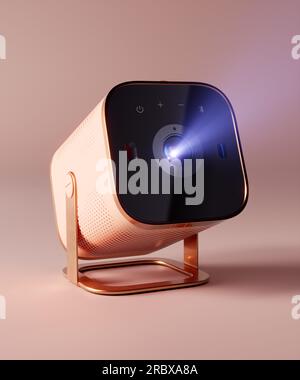 Projector Pink Color 3D rendering image showcases a stylish and elegant mini projector in a ...