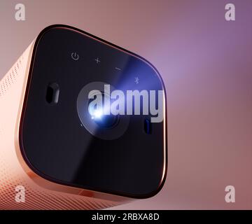 Projector Pink Color 3D rendering image showcases a stylish and elegant mini projector in a ...