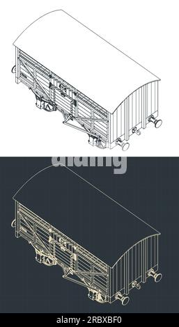 Stylized vector illustrations of isometric blueprints of  retro cattle wagon Stock Vector