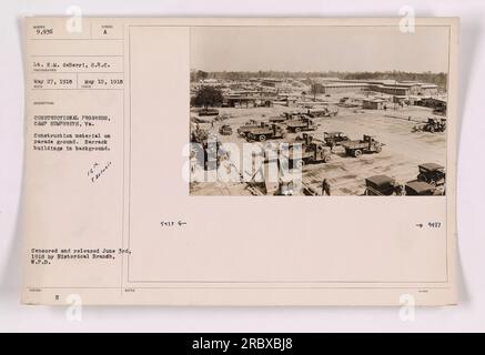 Construction material on parade ground at Camp Humphreys, VA. Barrack buildings can be seen in the background. Photo taken on May 27, 1918, by Lt. E.M. deBerri. This image was censored and released on June 3rd, 1918, as part of the Historical Branch's records. Stock Photo