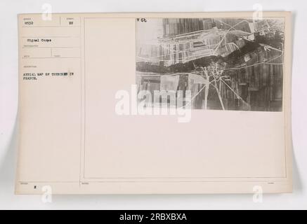 Aerial photograph showing trenches in France during World War One. The trenches form a strategic map of the area. The photograph was issued by the Signal Corps and is part of a series of photographs documenting American military activities during the war. The German symbol 'H' and the code '@8532' are included in the notes. Stock Photo