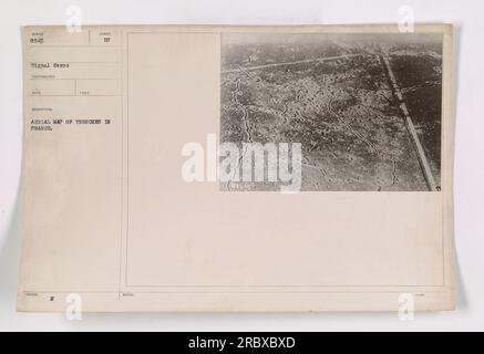 Aerial photograph showing a map of trenches in France during World War One. This photo, taken by Signal Corps Photographer Beco, is assigned the number 111-SC-8543. The photo is labeled as an aerial view and provides an overview of the trenches. Stock Photo