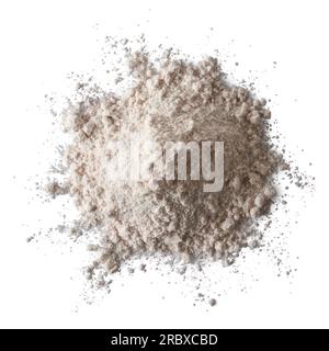 pile of rice flour, form of flour made from finely milled rice grains, natural gluten-free common substitute for wheat flour, isolated on white Stock Photo