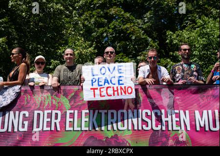 08.07.2023, Berlin, Germany, Europe - Techno music fans and revellers at the 'Rave the Planet' parade, the successor to the capital's Loveparade. Stock Photo