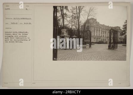 The Trianon Hotel in Versailles, France is shown in this photograph. It is expected that the German delegates will choose this location as their headquarters to meet with representatives from the Allied Nations. This photograph was taken on April 14, 1919, by Lieutenant F.M. Jackson of the Signal Corps. Stock Photo
