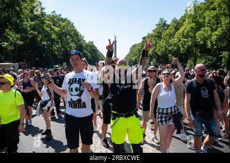 08.07.2023, Berlin, Germany, Europe - Techno music fans and revellers at the 'Rave the Planet' parade, the successor to the capital's Loveparade. Stock Photo
