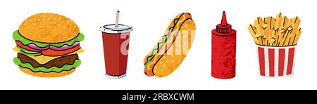 fast food, cartoon icons set, simple flat style, street high calorie food illustration. Stock Vector