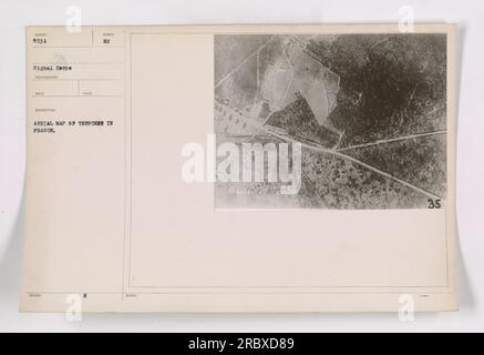 Aerial photograph depicting trenches in France during World War I. The image, bearing the ID code 111-SC-8531, was taken and issued by the Signal Corps. The photographer, RECO, documented this scene for military purposes. The photograph serves as an arrial map showing the layout of trenches in France. Stock Photo