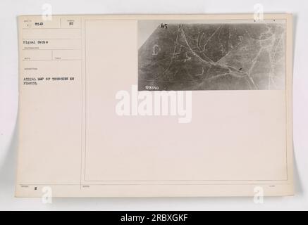 A aerial photograph depicting trenches in France during World War One. The photo was taken by the Signal Corps and is labeled as BU 8540. The image shows a symbolic view of an aerial map of the trench system. Notes indicate that the photograph was issued and taken as part of military activities. Stock Photo