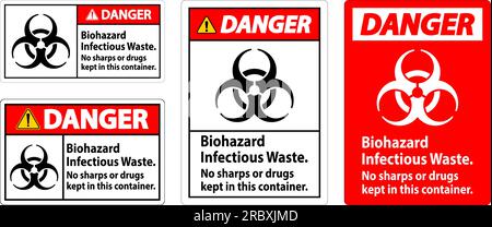 Danger Label Biohazard Infectious Waste, No Sharps Or Drugs Kept In This Container Stock Vector