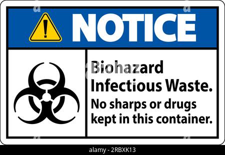 Notice Label Biohazard Infectious Waste, No Sharps Or Drugs Kept In This Container Stock Vector