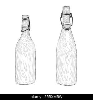 Contour wine bottles on white background. Contour Open and closed bottle of wine. Vector illustration. Stock Vector