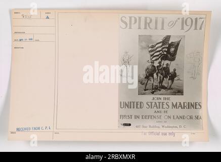 An advertisement urging people to join the United States Marines, printed on April 29, 1918 in the SPIRIT of 1917 publication. The advertisement encourages individuals to apply at 22515 407 Star Building, Washington, D. C. It emphasizes being the first line of defense on both land and sea. This image is part of the collection of American Military Activities during World War One. Stock Photo